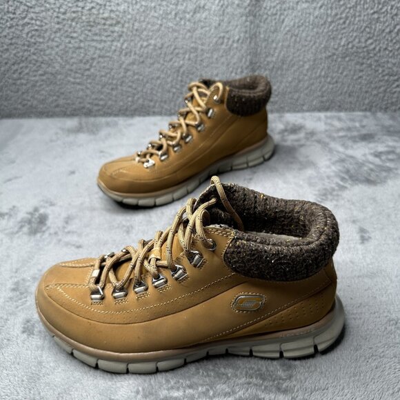 Skechers Elite Shoes Womens Size 7 Tan Brown Memory Foam Leather Hiking‎ Boots - Picture 1 of 14